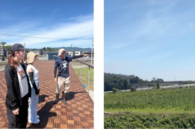 （ぶどう畑を一望できる場所から見える山や橋について三瓶諒さんに詳しく伺いました）